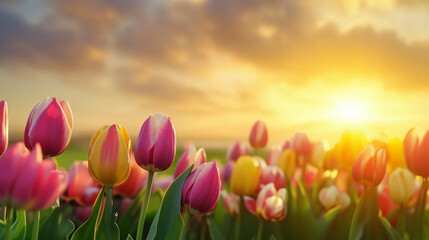 Close-up of pink and yellow tulips against sunrise sky