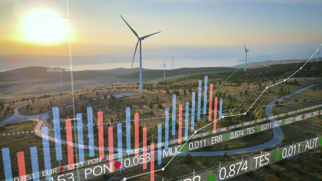 Wind farm on a mountain ridge in a scenic, hilly landscape generating green wind energy. Digital graphs and rising data overlays illustrate growth in renewable energy production and economic benefits - Powered by Adobe
