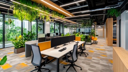 Naklejka premium Modern Green Office Workspace Design - Biophilic design