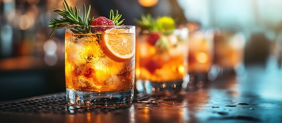 Refreshing cocktails with orange and raspberries on bar.