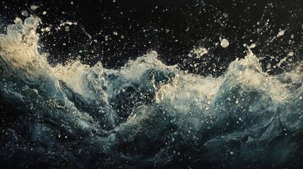 Powerful ocean waves crashing, dark night background