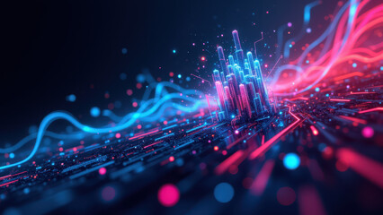 Obraz premium Futuristic digital illustration of a city skyline with neon lights representing Kubernetes clusters and DevOps pipelines.