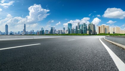 Fototapeta premium asphalt highway road and city skyline with modern buildings scenery under blue sky urban road background