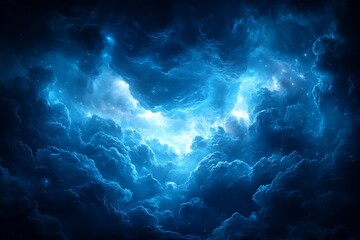 Dramatic celestial scene showcasing vibrant blue clouds illuminated by light, evoking wonder