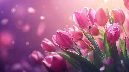 Fototapeta premium Pink tulips bouquet on blurry background, spring flowers for international womens day 8 march as gift, violet purple bunch romantic present from floral shop made by florist, close up view copy space