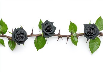Three Black Roses With Thorns On White Background