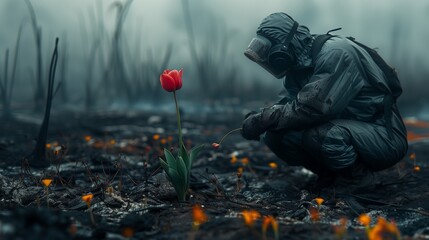 Post-apocalyptic man in hazmat suit picks live red flower