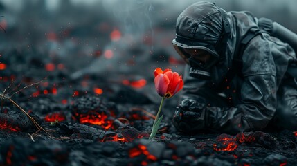 Post-apocalyptic man in hazmat suit picks live red flower
