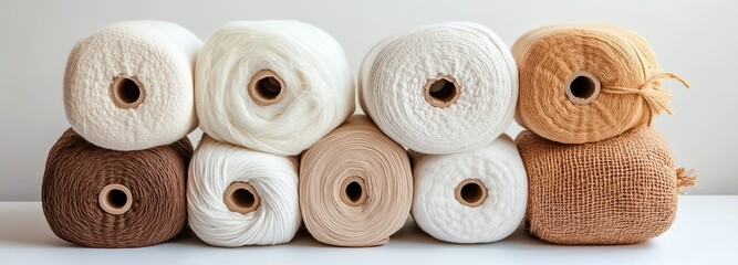 A collection of neatly stacked rolls of yarn and twine in earthy tones, including beige, white, brown, and tan, arranged on a clean white surface – AI Generated Digital Art.