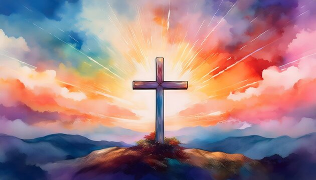 Conceptual religious Easter artwork featuring a cross painted in soft watercolor tones. Ai Generative