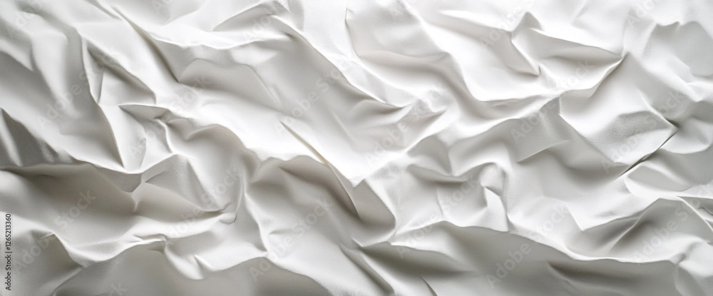 Poster Close-up view of crumpled white fabric with deep folds and wrinkles, symbolizing smoothness and abstract texture, perfect for showcasing minimalism and artistic elegance.