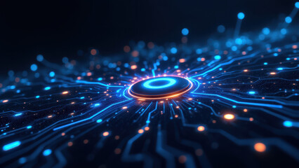 Digital illustration showcasing a complex system of interconnected nodes with blue lights, representing Ci/CD processes or DevOps workflows.