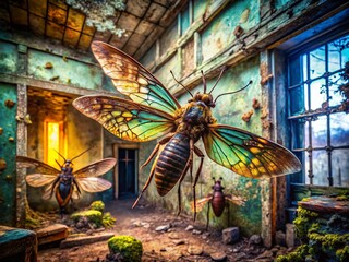 Urban Decay: Artistic Insect Watercolor Textures - Abandoned Building Exploration