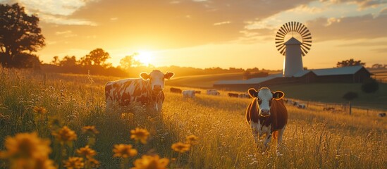 Obraz premium Two cows in a golden sunset farm field with a windmill.