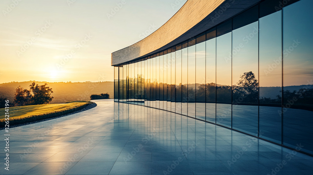 Poster curved glass building with a reflection of the sunset and lush greenery, showcasing modern architect