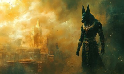 Anubis guiding souls through a surreal and otherworldly realm, Generative AI