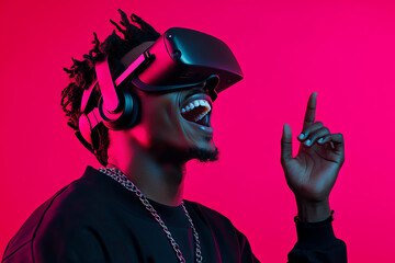 joyful African American man wearing VR headset, immersed in virtual reality, with vibrant pink background. His expression shows excitement and engagement