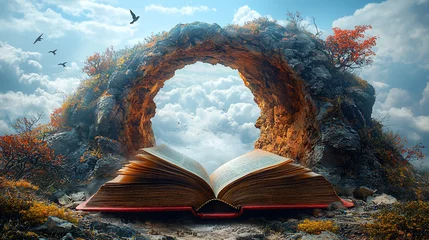 Poster Open book archway sky clouds autumn nature magic
