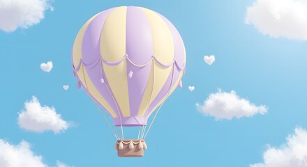 Obraz premium Hot Air Balloon Floating in Blue Sky with Heart-shaped Clouds