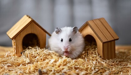 A cute white hamster sits in his house among the sawdust. The concept of care for hamsters, pets, rodents. Image.