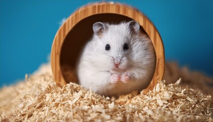 A cute white hamster sits in his house among the sawdust. The concept of care for hamsters, pets, rodents. Image.