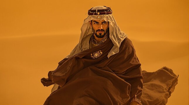 Majestic Arabian Prince in Majestic Robes Amidst a Golden Desert