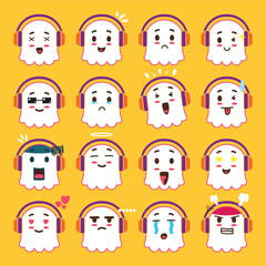 a cute ghost wearing a headset emoticon set for emoji project, design element, or mascot