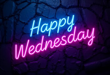 Illuminated 'Happy Wednesday' Neon Sign Against a Textured Indigo Background