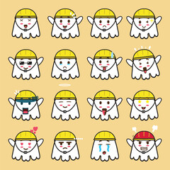 a ghost wearing a safety helmet emoticon set for emoji project, design element, or mascot