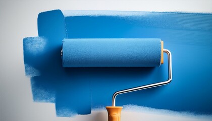 Obraz premium painting a white wall blue with a paint roller creates a vibrant contrast