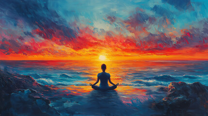 Obraz premium Serene Meditation at Sunrise – Digital Oil Painting