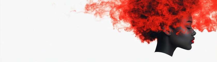 A profile of a woman with vibrant red hair against a minimalist white background, showcasing bold colors and striking contrast.