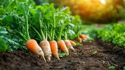 Fresh Carrots Growing in Garden Soil - Sustainable agriculture