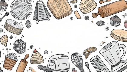 Hand drawn template with baking and cooking tools, mixer, cake, spoon, cupcake, scale. Doodle sketch style. Illustration for baking shop, bakery business card design.