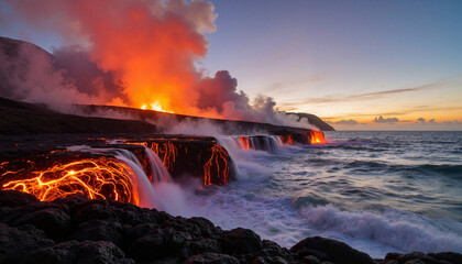 Fototapeta premium Dramatic lava flowing into ocean at dawn, natural wonder