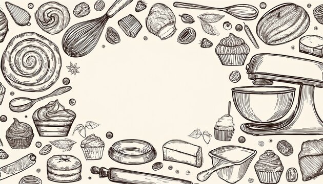 Hand drawn template with baking and cooking tools, mixer, cake, spoon, cupcake, scale. Doodle sketch style. Illustration for baking shop, bakery business card design.