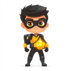 Boy superhero with black hair stands confidently ready for adventure
