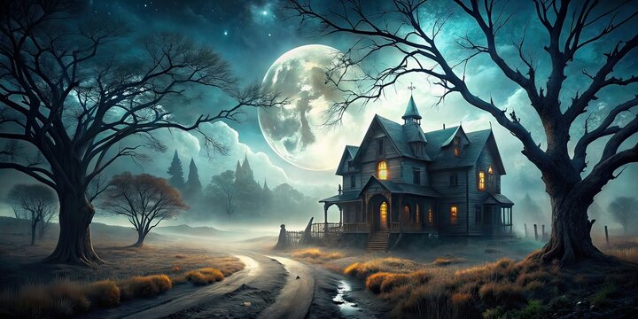 Spooky Panoramic Halloween Background AI Art, Haunted House, Creepy Landscape