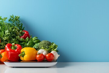 A colorful assortment of fresh vegetables, including peppers, tomatoes, and greens, arranged on a scale against a blue backdrop.