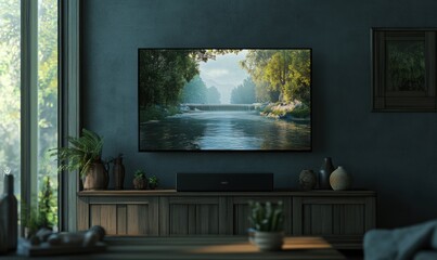 Fototapeta premium Relaxing riverside view displayed on a modern living room wall