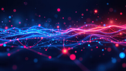 Fototapeta premium Image depicts a digital representation of Ci/CD pipelines with elements resembling Kubernetes clusters, emphasizing DevOps concepts through vibrant color and flowing lines.