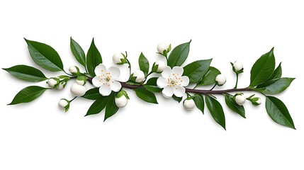 Spring Blossom Branch: Delicate White Flowers and Lush Green Leaves AI Generated