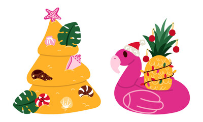 set of Christmas tree made of sand and an inflatable flamingo with a pineapple. All are decorated with tropical decorations with Christmas motifs. On a white. Merry Christmas in the tropics. greeting