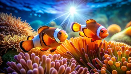 Vibrant Clownfish Duo Dancing Amidst Coral Reef - Macro Underwater Scene
