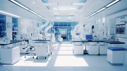 Obraz premium Advanced medical laboratory featuring state-of-the-art equipment and modern design in a bright, sterile environment