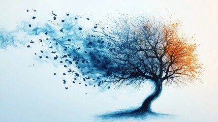 An artistic depiction of a tree transforming into particles, merging colors of blue and orange, symbolizing change and nature's fragility.