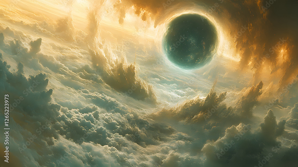 Poster Celestial scene with a dark sphere amidst colorful clouds
