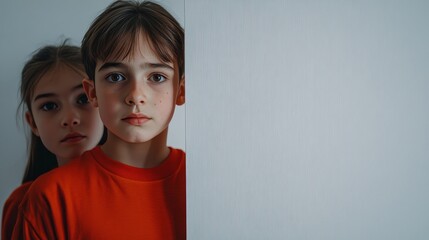 Curious siblings, brother and sister peeking from behind a white wall. Studio portrait.