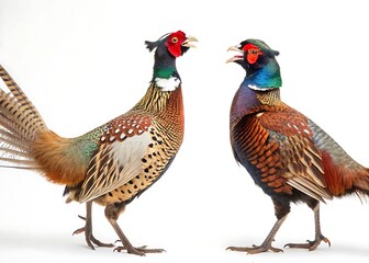 Fototapeta premium Two Colorful Pheasants Facing Opposite Directions Isolated on white Background
