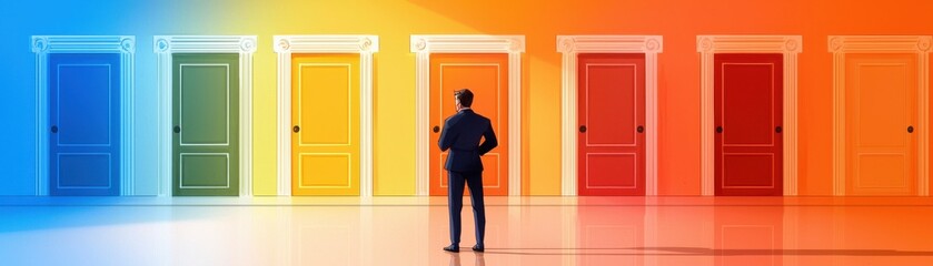 Fototapeta premium A silhouette stands before a row of colorful doors, symbolizing choices, opportunities, and the journey of decision-making.